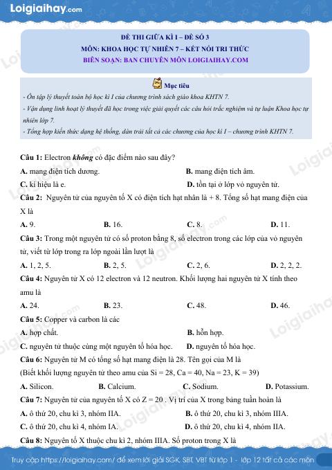 Đề thi giữa kì 1 KHTN 7 Kết nối tri thức - Đề số 3